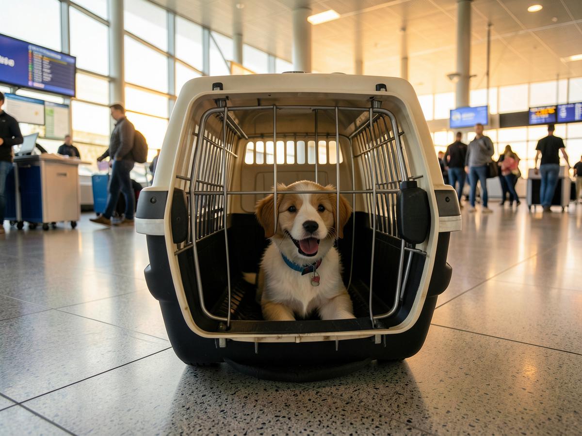 Cachorro listo para viajar en guacal homologado desde Medellín